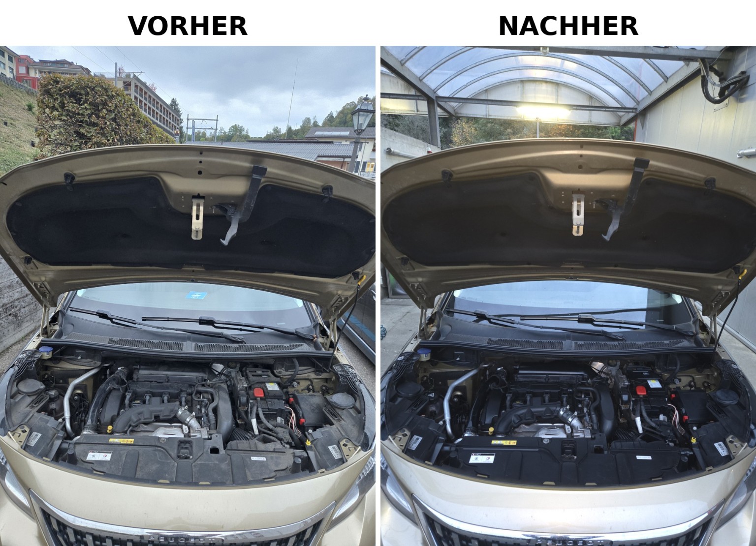 Motorraum eines Peugeot im direkten Vergleich bei der Fahrzeugpflege